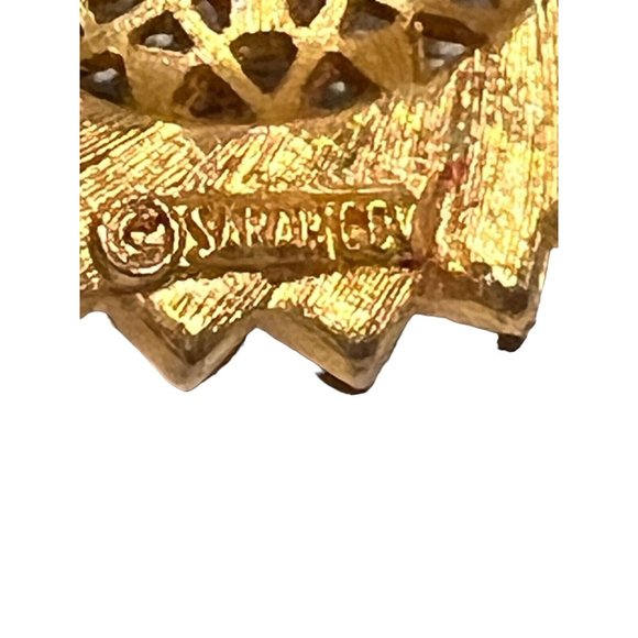 Sarah Coy Signed Vintage Amber Turquoise Rhinestone Gold Costume Brooch Pin - Picture 6 of 9